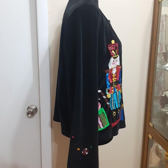 Michael Simon Event Medium Nutcracker Christmas Black Velvet Cardigan Sweater - Picture 2 of 16